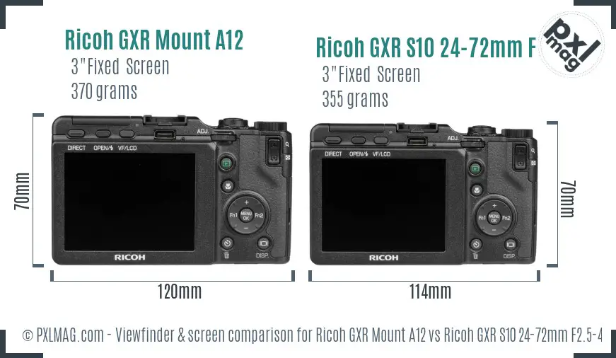 Ricoh GXR Mount A12 vs Ricoh GXR S10 24-72mm F2.5-4.4 VC Screen and Viewfinder comparison