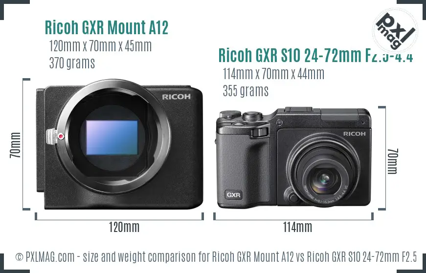 Ricoh GXR Mount A12 vs Ricoh GXR S10 24-72mm F2.5-4.4 VC size comparison