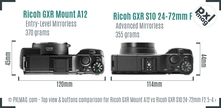 Ricoh GXR Mount A12 vs Ricoh GXR S10 24-72mm F2.5-4.4 VC top view buttons comparison