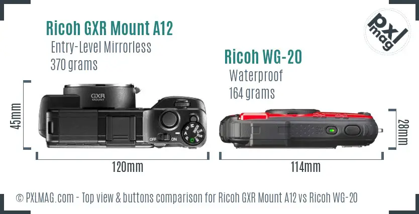 Ricoh GXR Mount A12 vs Ricoh WG-20 top view buttons comparison