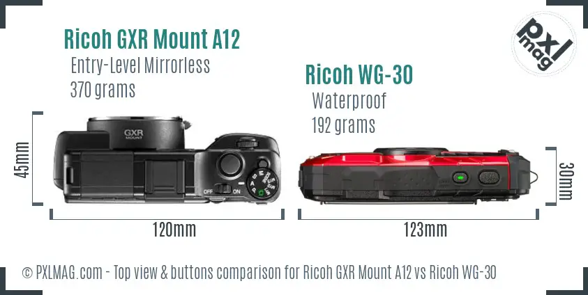 Ricoh GXR Mount A12 vs Ricoh WG-30 top view buttons comparison