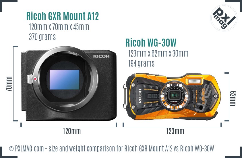 Ricoh GXR Mount A12 vs Ricoh WG-30W size comparison