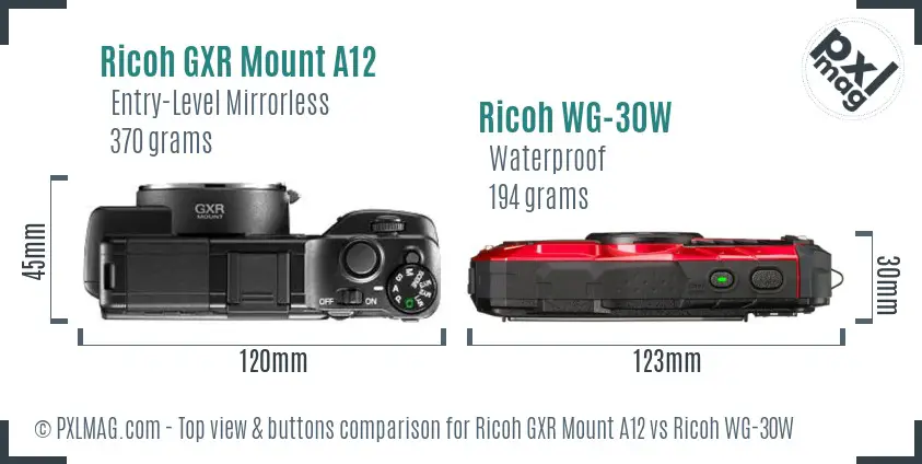 Ricoh GXR Mount A12 vs Ricoh WG-30W top view buttons comparison
