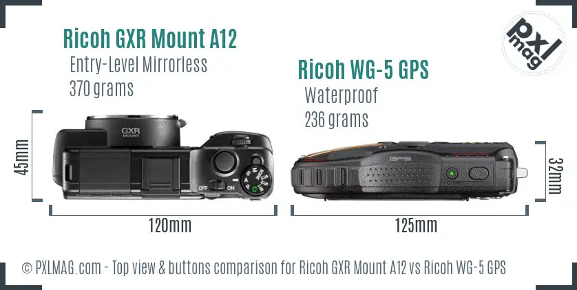 Ricoh GXR Mount A12 vs Ricoh WG-5 GPS top view buttons comparison