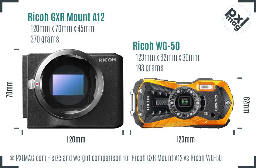 Ricoh GXR Mount A12 vs Ricoh WG-50 size comparison