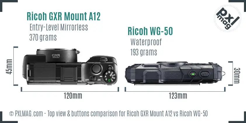 Ricoh GXR Mount A12 vs Ricoh WG-50 top view buttons comparison