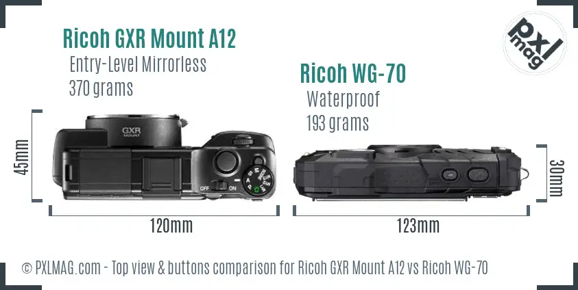Ricoh GXR Mount A12 vs Ricoh WG-70 top view buttons comparison