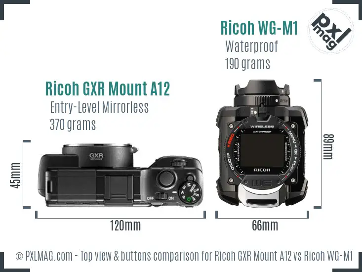 Ricoh GXR Mount A12 vs Ricoh WG-M1 top view buttons comparison