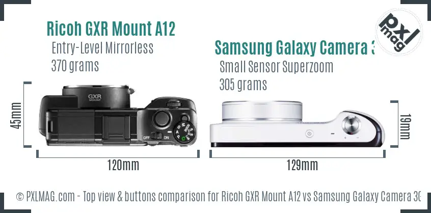 Ricoh GXR Mount A12 vs Samsung Galaxy Camera 3G top view buttons comparison
