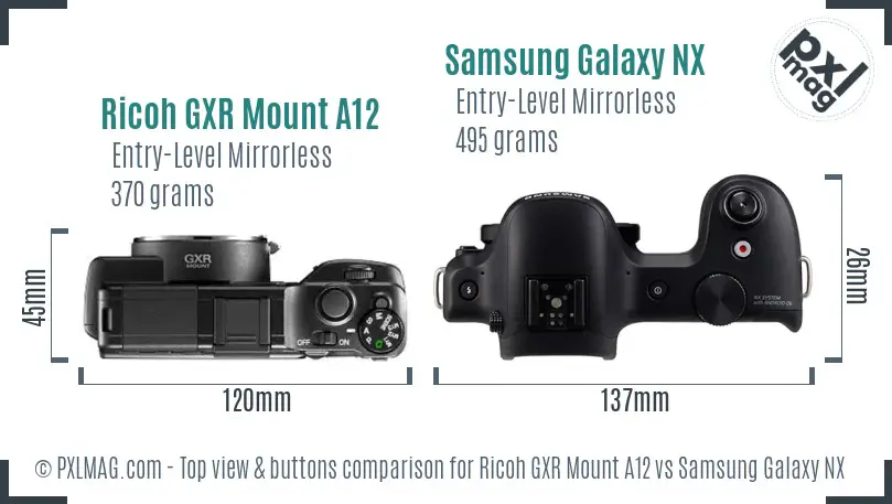 Ricoh GXR Mount A12 vs Samsung Galaxy NX top view buttons comparison