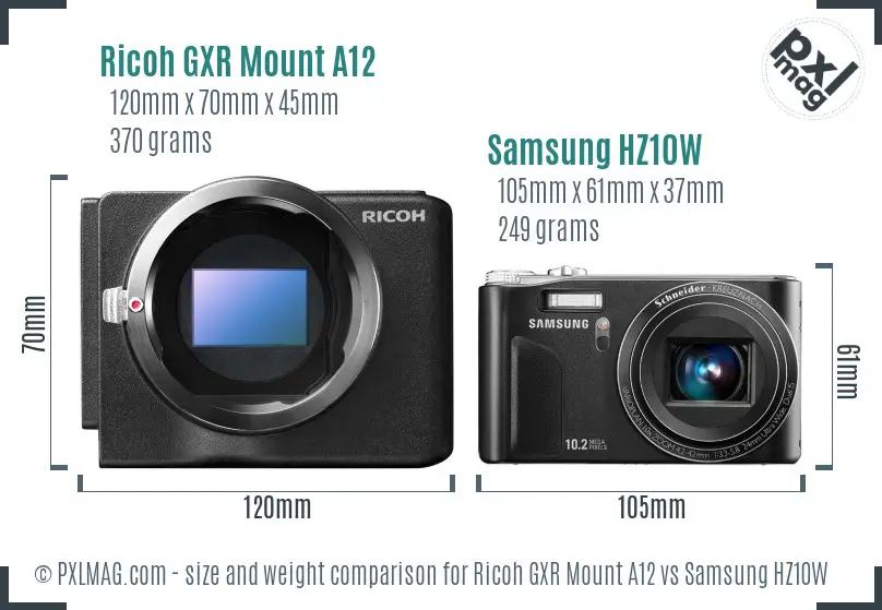 Ricoh GXR Mount A12 vs Samsung HZ10W size comparison
