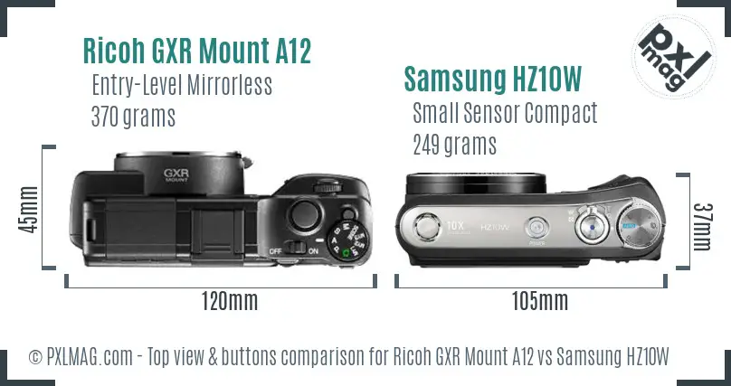 Ricoh GXR Mount A12 vs Samsung HZ10W top view buttons comparison