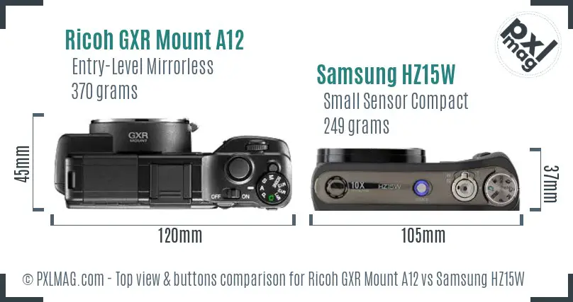 Ricoh GXR Mount A12 vs Samsung HZ15W top view buttons comparison