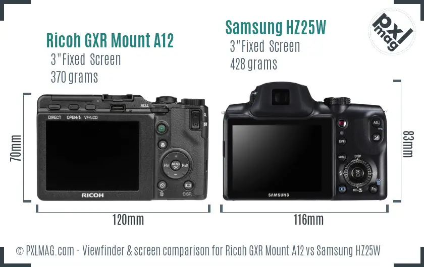 Ricoh GXR Mount A12 vs Samsung HZ25W Screen and Viewfinder comparison