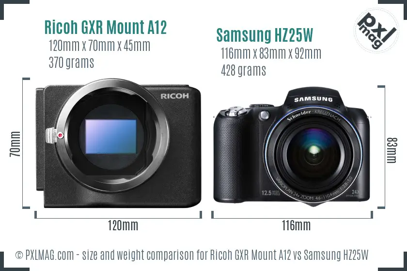 Ricoh GXR Mount A12 vs Samsung HZ25W size comparison