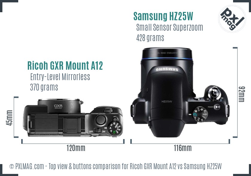 Ricoh GXR Mount A12 vs Samsung HZ25W top view buttons comparison