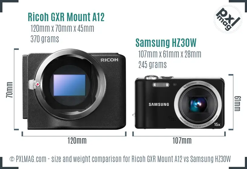 Ricoh GXR Mount A12 vs Samsung HZ30W size comparison