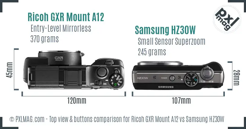 Ricoh GXR Mount A12 vs Samsung HZ30W top view buttons comparison