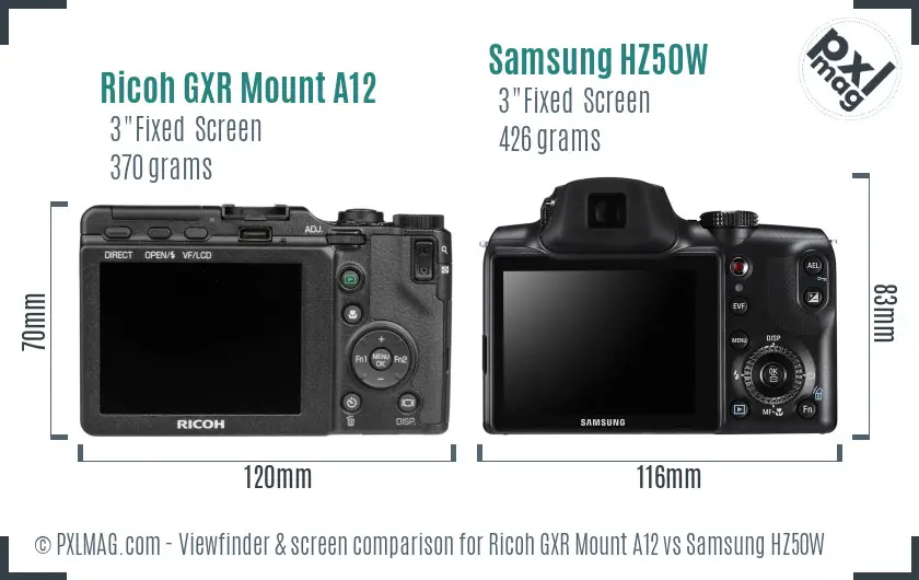 Ricoh GXR Mount A12 vs Samsung HZ50W Screen and Viewfinder comparison