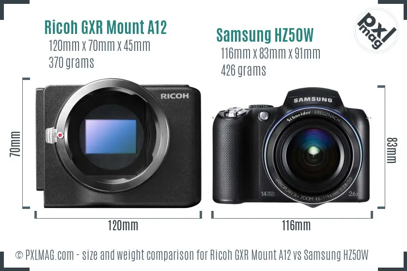 Ricoh GXR Mount A12 vs Samsung HZ50W size comparison