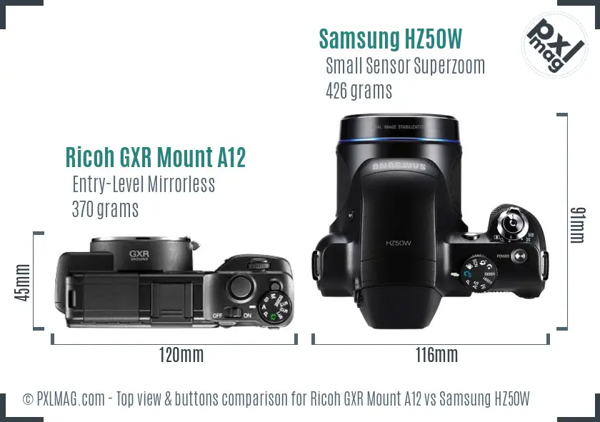 Ricoh GXR Mount A12 vs Samsung HZ50W top view buttons comparison