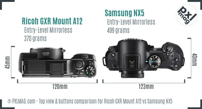 Ricoh GXR Mount A12 vs Samsung NX5 top view buttons comparison