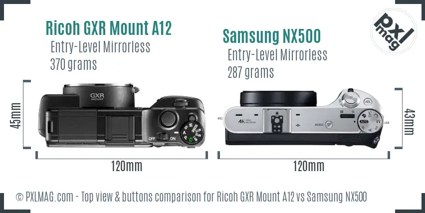Ricoh GXR Mount A12 vs Samsung NX500 top view buttons comparison