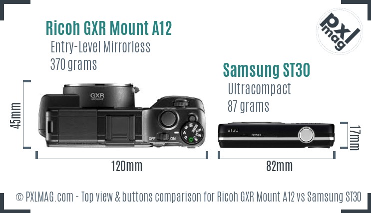 Ricoh GXR Mount A12 vs Samsung ST30 top view buttons comparison