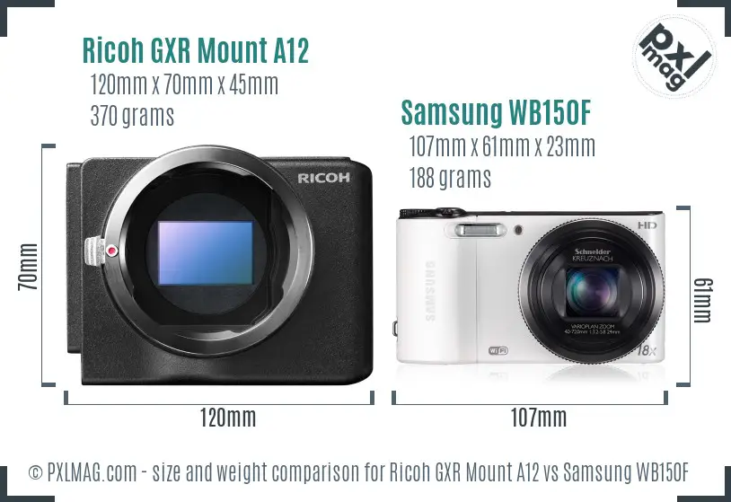 Ricoh GXR Mount A12 vs Samsung WB150F size comparison