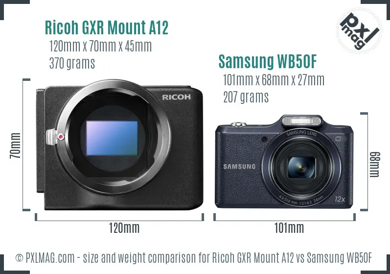 Ricoh GXR Mount A12 vs Samsung WB50F size comparison
