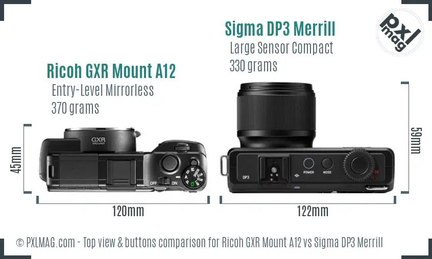 Ricoh GXR Mount A12 vs Sigma DP3 Merrill top view buttons comparison