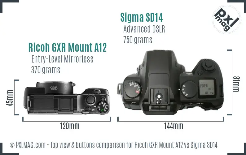 Ricoh GXR Mount A12 vs Sigma SD14 top view buttons comparison