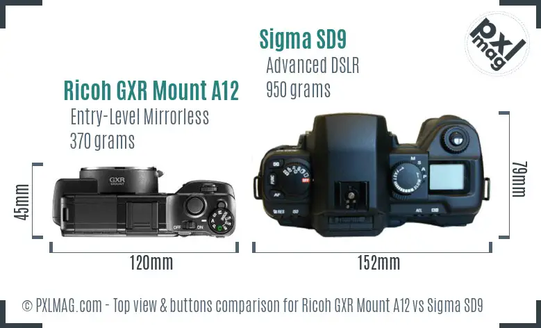 Ricoh GXR Mount A12 vs Sigma SD9 top view buttons comparison