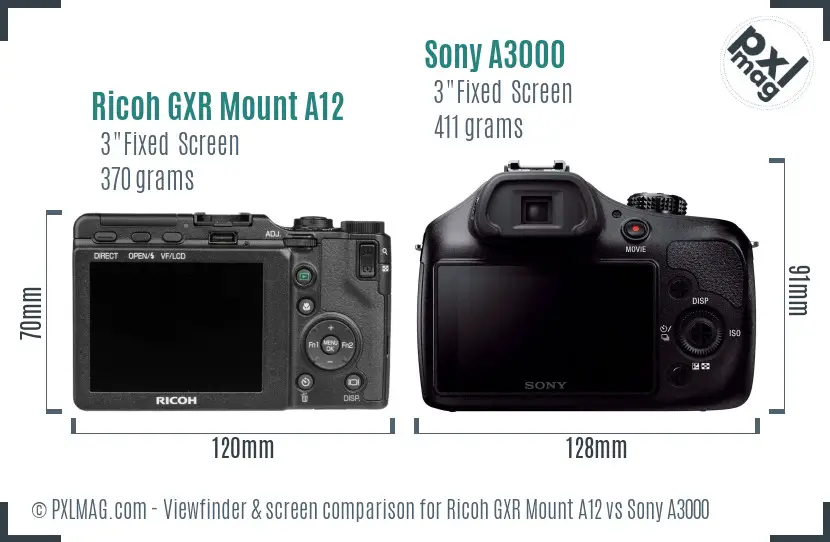 Ricoh GXR Mount A12 vs Sony A3000 Screen and Viewfinder comparison