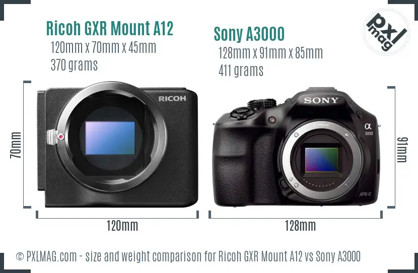 Ricoh GXR Mount A12 vs Sony A3000 size comparison