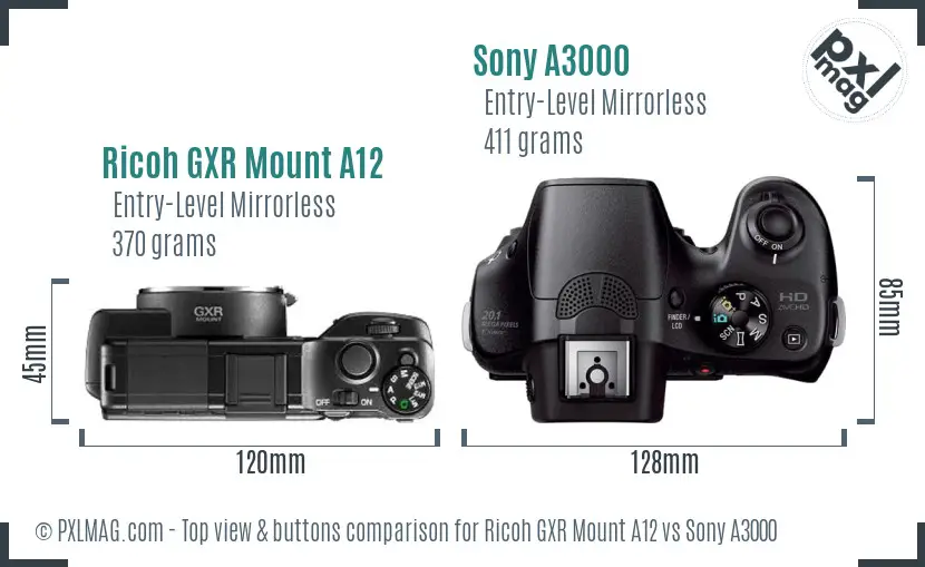 Ricoh GXR Mount A12 vs Sony A3000 top view buttons comparison