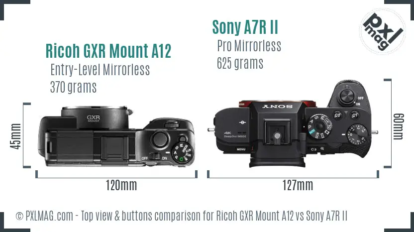 Ricoh GXR Mount A12 vs Sony A7R II top view buttons comparison