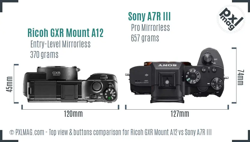 Ricoh GXR Mount A12 vs Sony A7R III top view buttons comparison