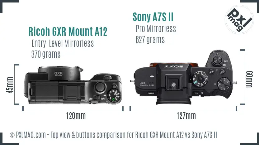 Ricoh GXR Mount A12 vs Sony A7S II top view buttons comparison