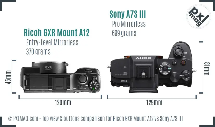 Ricoh GXR Mount A12 vs Sony A7S III top view buttons comparison