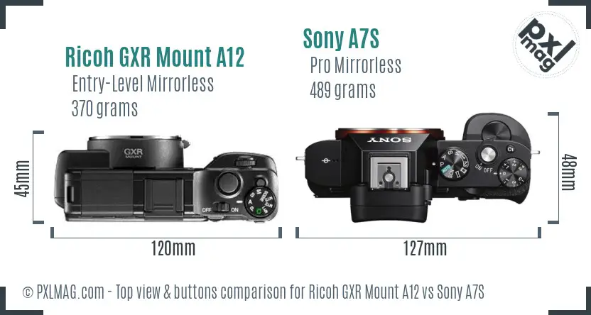 Ricoh GXR Mount A12 vs Sony A7S top view buttons comparison