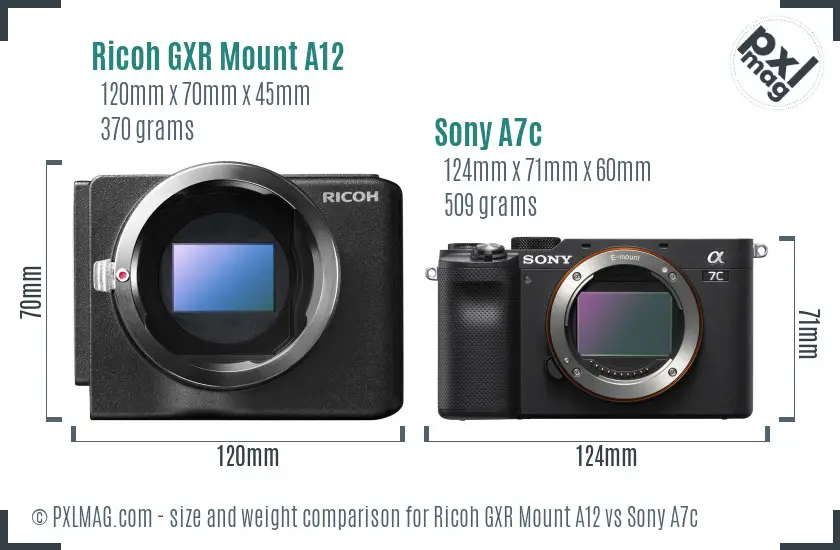 Ricoh GXR Mount A12 vs Sony A7c size comparison