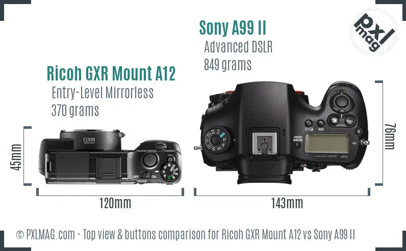 Ricoh GXR Mount A12 vs Sony A99 II top view buttons comparison