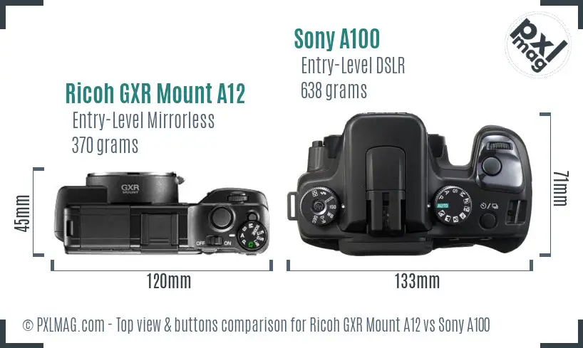 Ricoh GXR Mount A12 vs Sony A100 top view buttons comparison