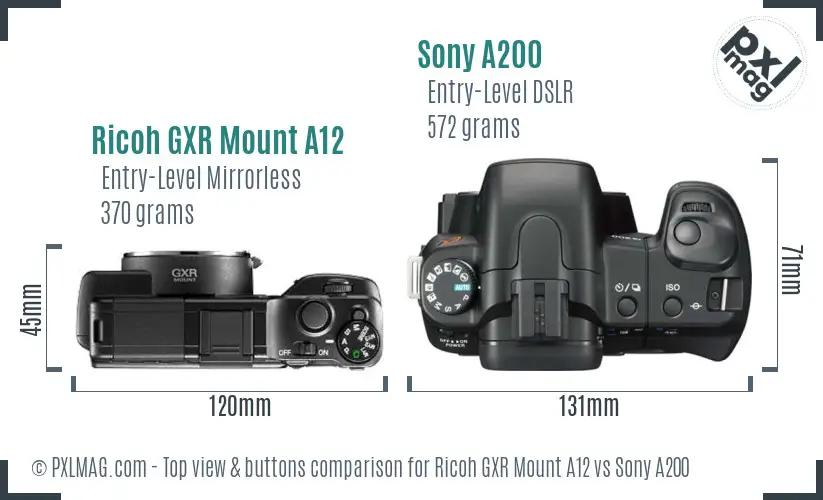 Ricoh GXR Mount A12 vs Sony A200 top view buttons comparison