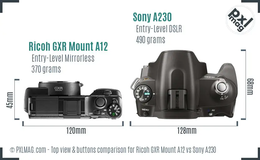 Ricoh GXR Mount A12 vs Sony A230 top view buttons comparison