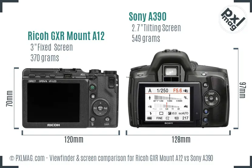 Ricoh GXR Mount A12 vs Sony A390 Screen and Viewfinder comparison