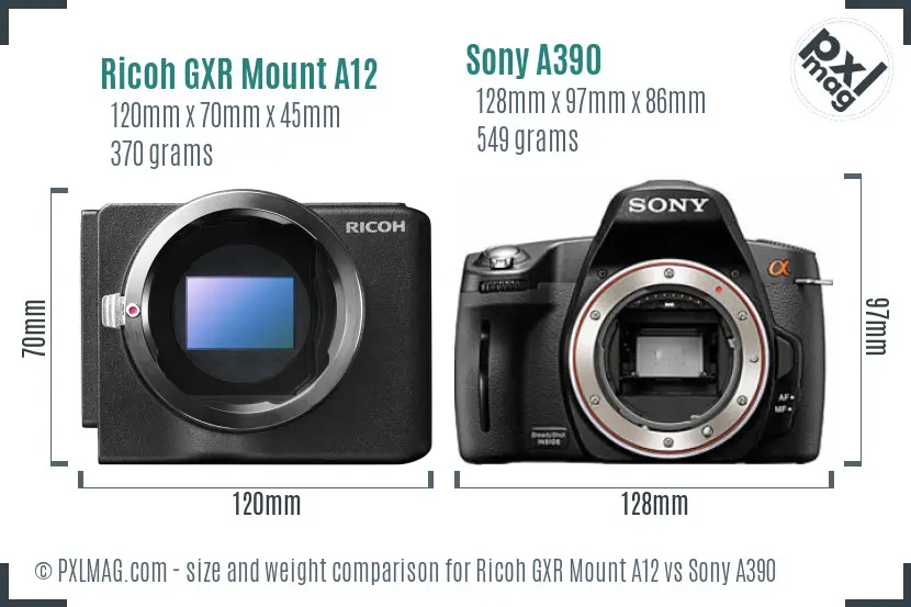 Ricoh GXR Mount A12 vs Sony A390 size comparison