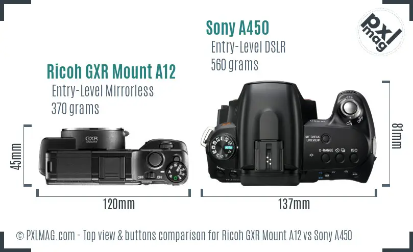 Ricoh GXR Mount A12 vs Sony A450 top view buttons comparison