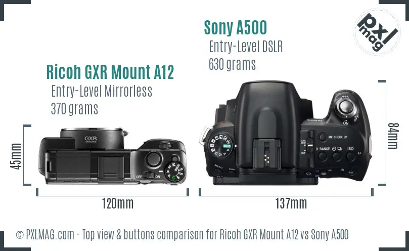 Ricoh GXR Mount A12 vs Sony A500 top view buttons comparison Ricoh GXR Mount A12 vs Sony A500 top view buttons comparison